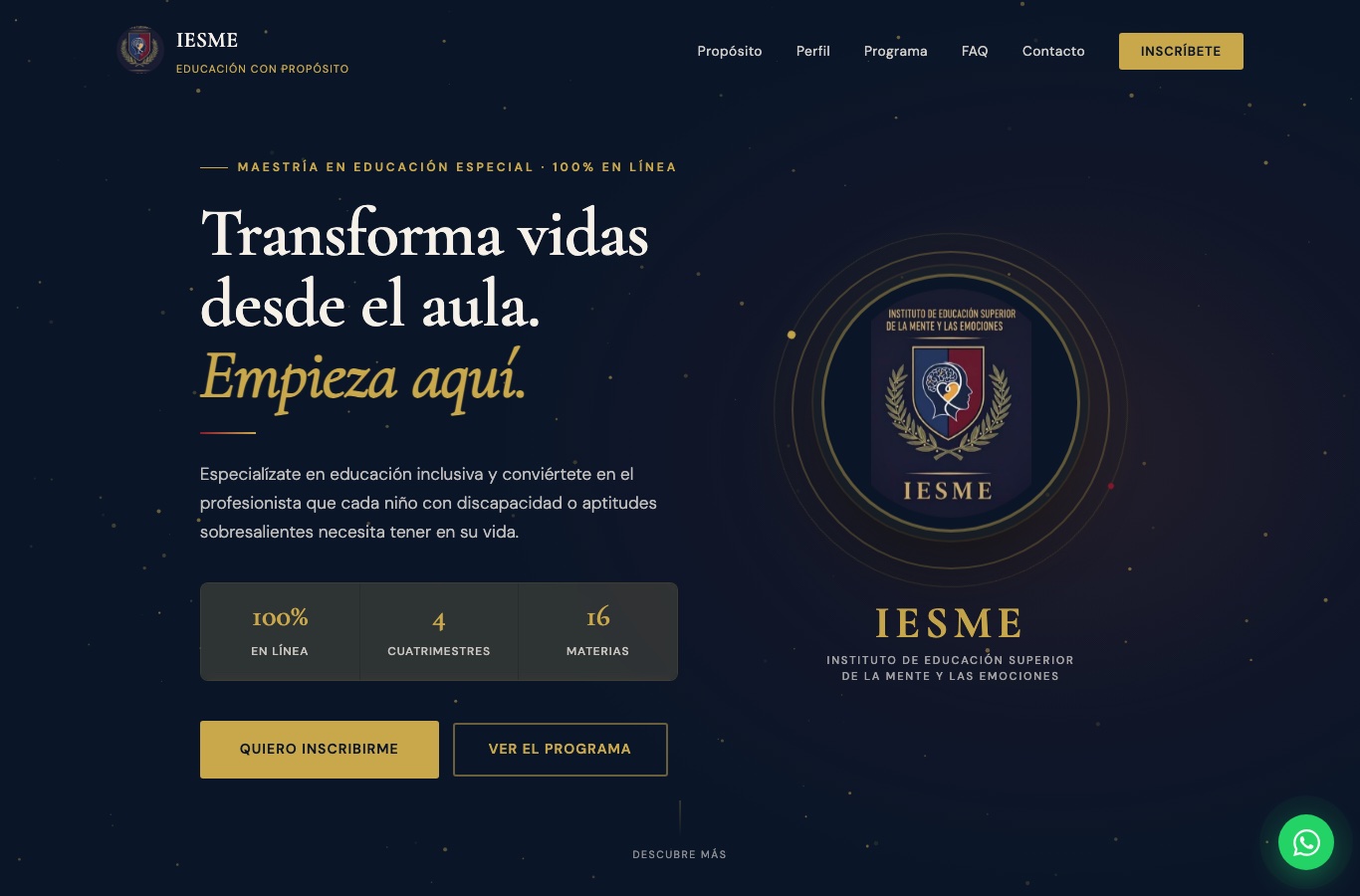 Página web de IESME, Instituto de Educación Superior de la Mente y las Emociones: hero azul oscuro con tipografía dorada